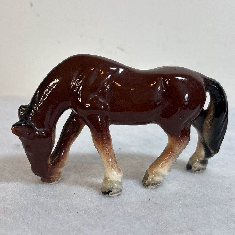 Vintage Ceramic Horse Figurine Brown Glaze Grazing Colt Mid Century Japan MCM